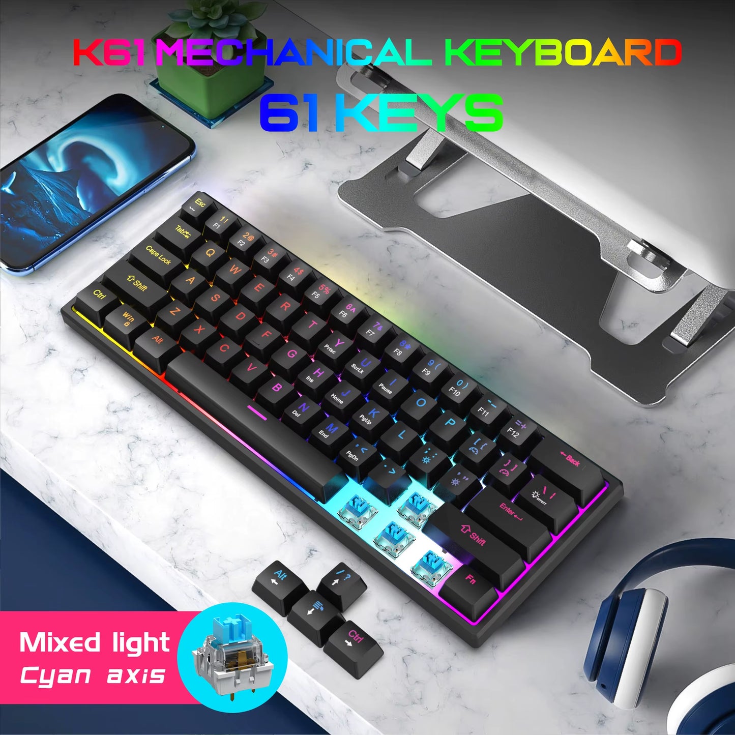 60% Compact Wired Keyboard 61 Keys RGB Backlight Gaming Keyboard Portable Office Computer Mini Keyboard for Windows PC