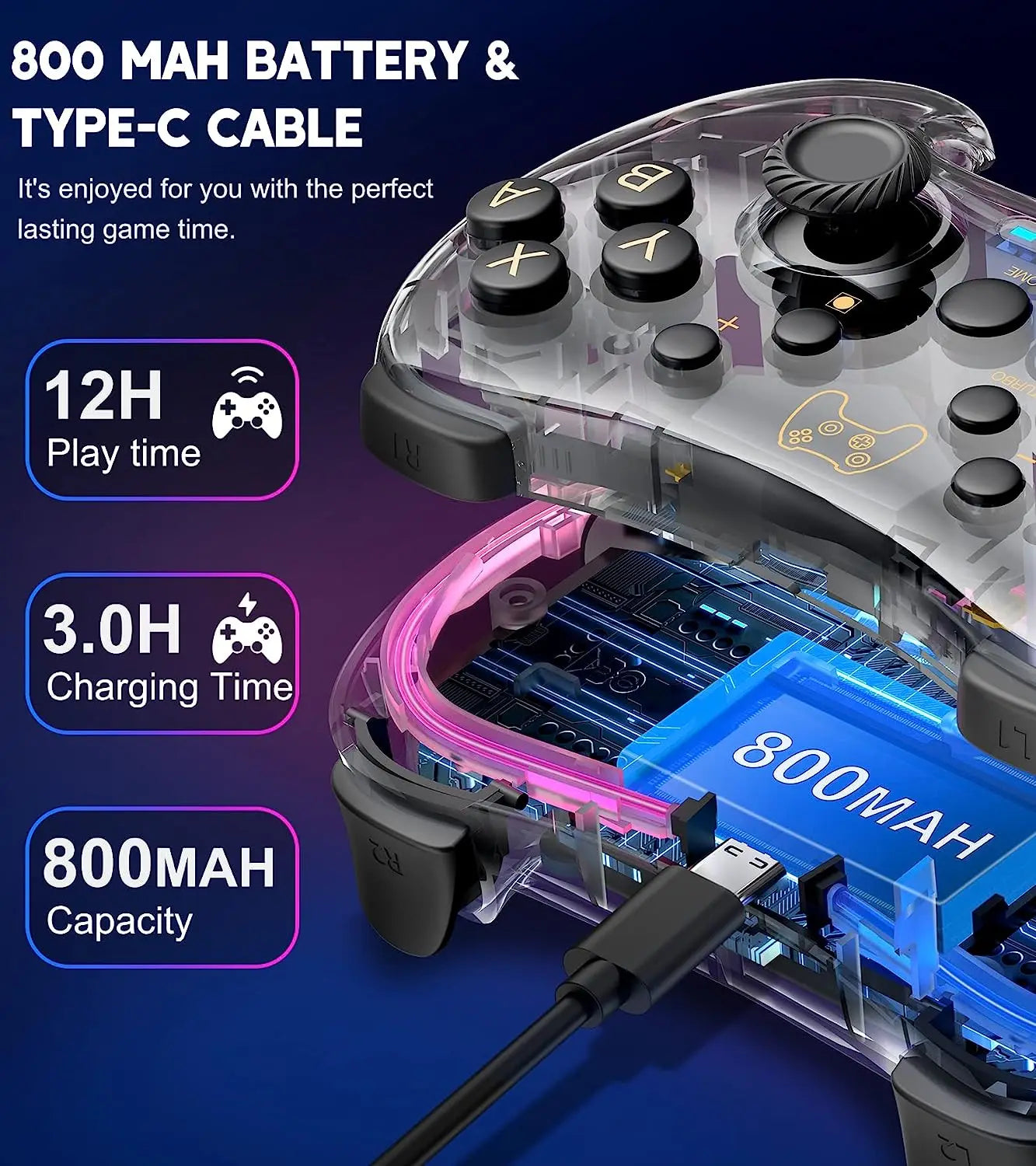 Controller 7039 for Switch with RGB Lights,Turbo,Wake-Up Function,Supports Multi-Platform&App Control,Transparent Gamepad