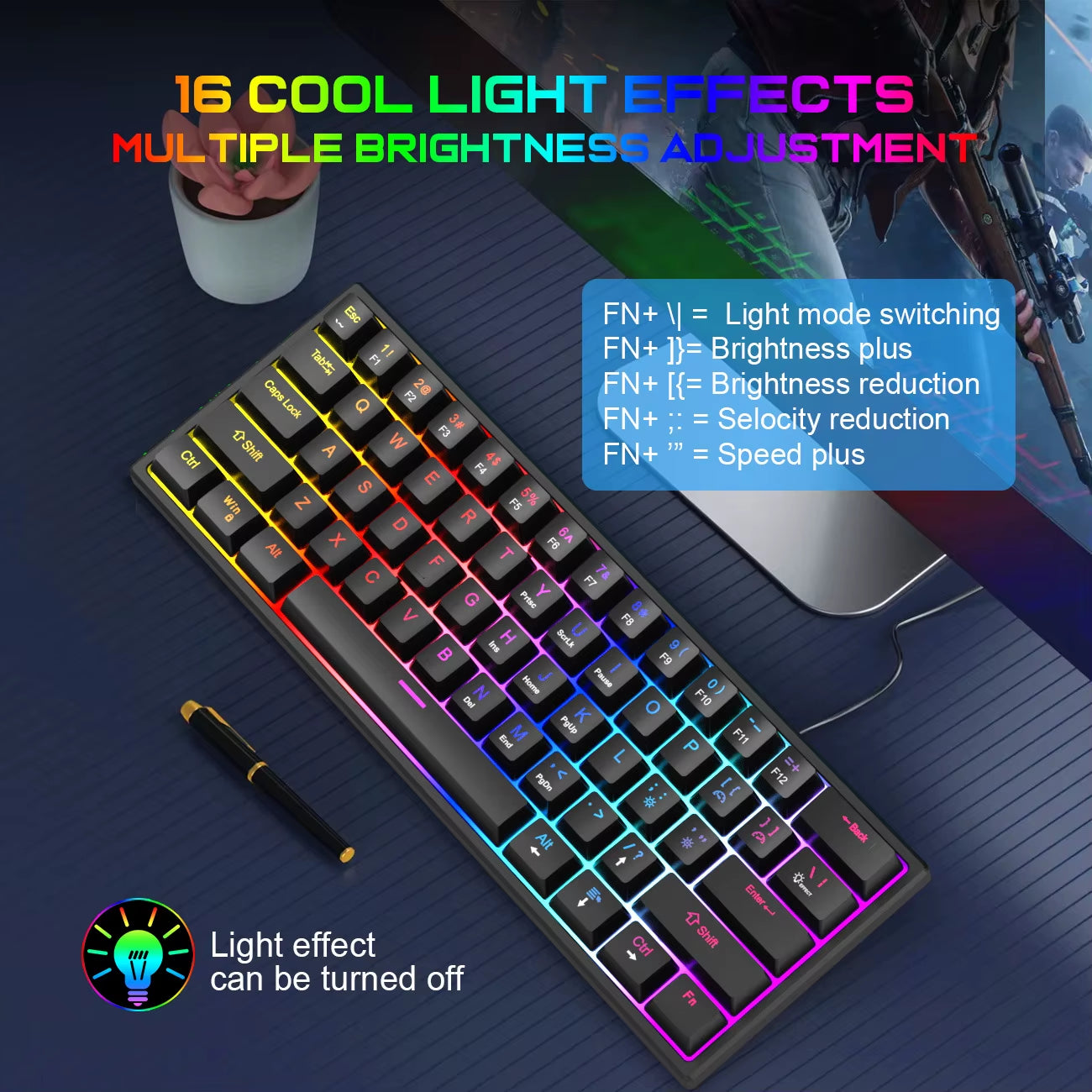 60% Compact Wired Keyboard 61 Keys RGB Backlight Gaming Keyboard Portable Office Computer Mini Keyboard for Windows PC