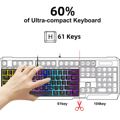 60% Compact Wired Keyboard 61 Keys RGB Backlight Gaming Keyboard Portable Office Computer Mini Keyboard for Windows PC